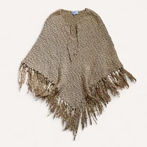 Newport News Vintage Oversized Fringe Knit Poncho in Camel